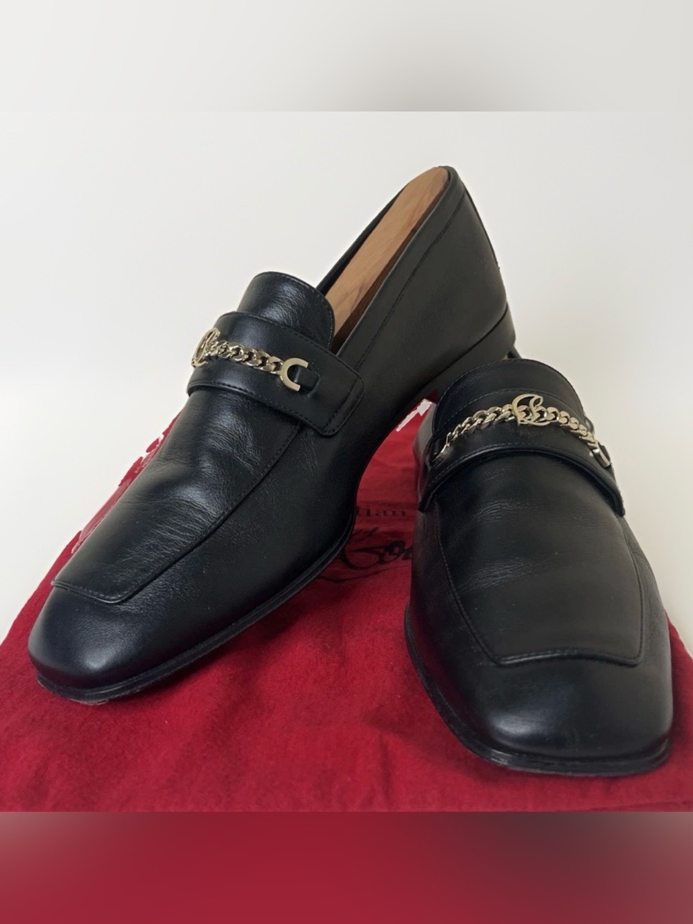 Christian Louboutin MJ Moc Monogram Chain Black Leather Loafers Womens US7 EU37